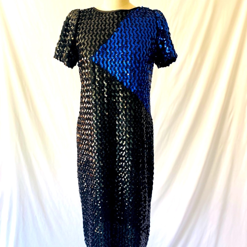 NORMAN BERG Vintage 80's Black Blue geometric Sequin Cocktail‎ Dress